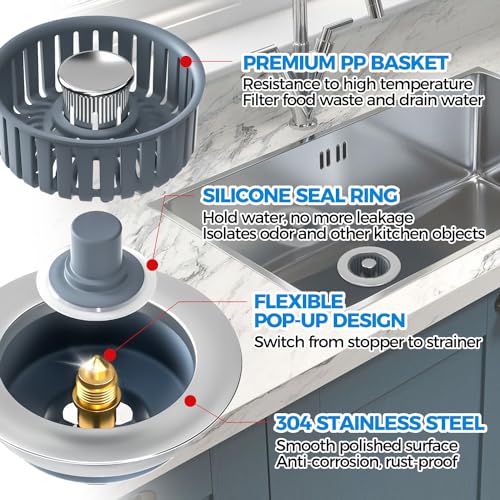 Upgraded 3in1 Kitchen Sink Drain Strainer & Sink Stopper, Stainless Steel Kitchen Drain Plug & Sink Installation Parts with Anti-Clogging Basket, Fit US Standard 3-1/2'' Sink Drain Hole, Silver