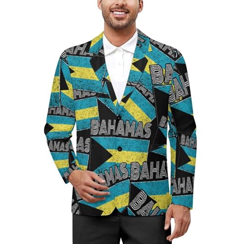 Vintage Bahamian Flag Men's Slim Suit Long-Sleeve Prom Tuxedo Classic Two Button Business Jacket