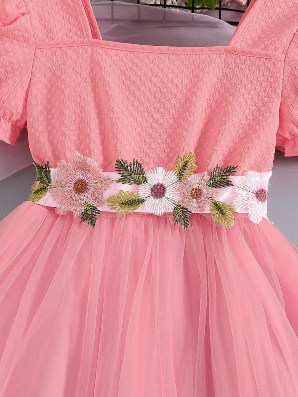 Image of Niren Enterprise Floral Embroidery Work Belt Short Sleeve Square Neck Boxer and net Flared Baby Girl Frock, Pack of 1