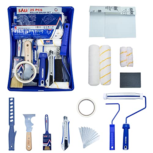 SALI 25pcs Paint Roller Kit for Wall Paint Brush, Paint Tray, Roller Cover Sand Paper Roller Paint Brush Wall Print Roller Cleaner for Professional or Home Owners with All Paints and Stains