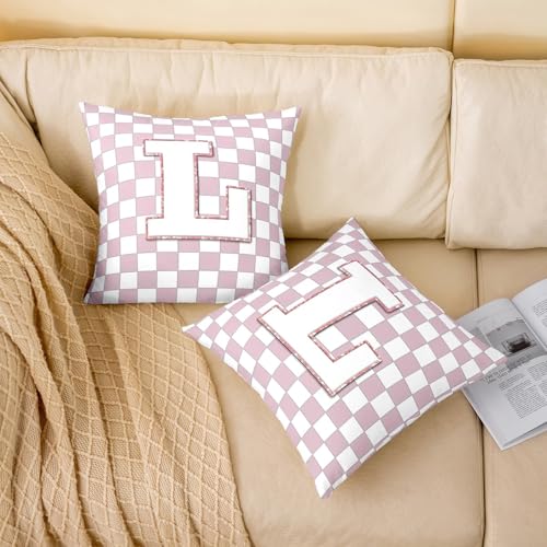 Image of Erosebridal Pink Initial L Throw Pillow Covers 16x16 Set of 2 Kawaii Plaid Checkered Cushion Cover Cute Personalized Monogram Throw Pillow Case for Bed Couch Sofa Fashion Grids Gingham Home Decor