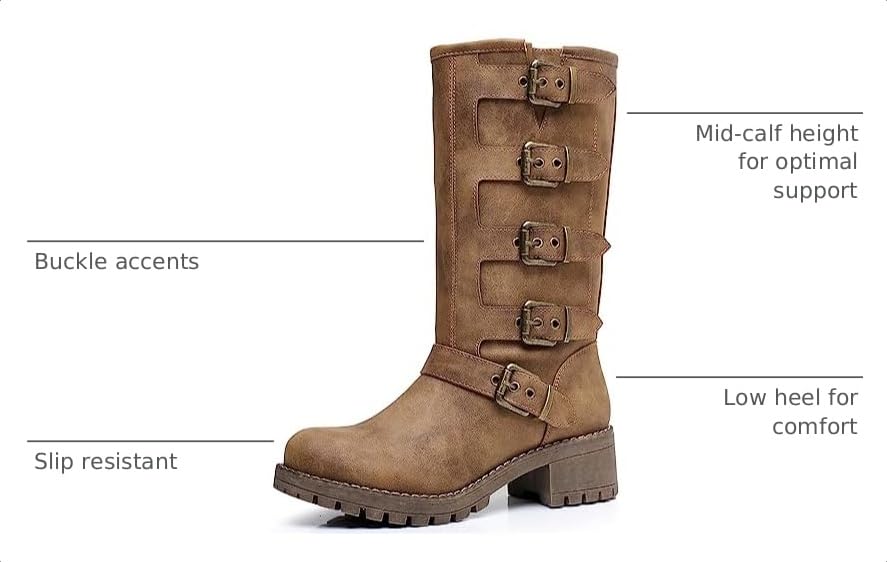 Image of GLOBALWIN Chunky Mid Calf Fashion Dressy Motocycle Biker Military Style Combat Boots for Women Low Heel