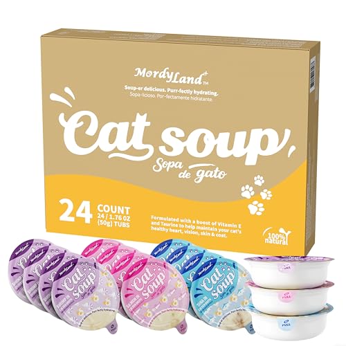 MordyLand Cat Soup and Broth Topper Hydrating Lickable Cat Treat Grain-Free Wet Cat Food Complement with Salmon Real Chicken & Seafood Variety 1.76 oz. Cups (24)
