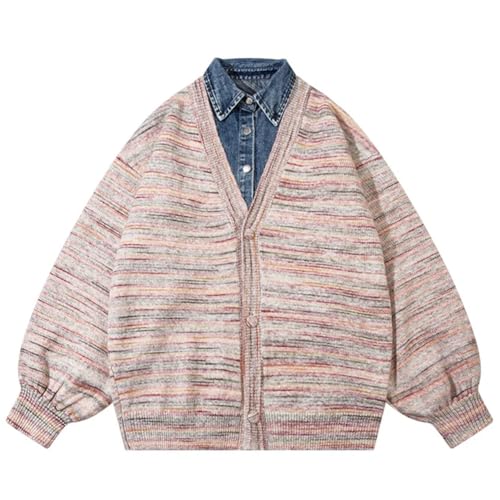 Mens Patchwork Harajuku Sweater Oversized Warm Streetwear Long Sleeve Button Front Cardigans