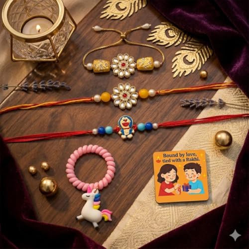 Image of SAUDEEP INDIA Decorative Fridge Magnet for Refrigerator Decor | Free Family Rakhi Set for Bhaiya Bhaiya Kid | Raksha Bandhan Gift Combo | Cotton Thread Rakhi Festive Home Decor(Yellow Stone)