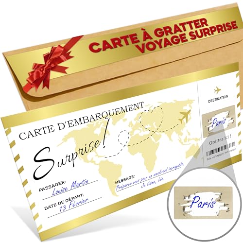 Cheerset Carte à gratter voyage surprise - Carte embarquement personnalisable à offrir - Cadeau surprise, carte d'embarquement à gratter, billet avion,...