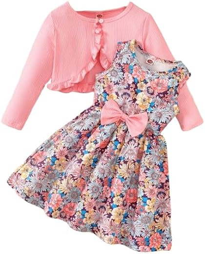 Niren Enterprise Girls Floral Print Fit &amp; Flare Dress with Knit Cardigan, Round Neck, Knee Length, Long Sleeves, Cute Clot...
