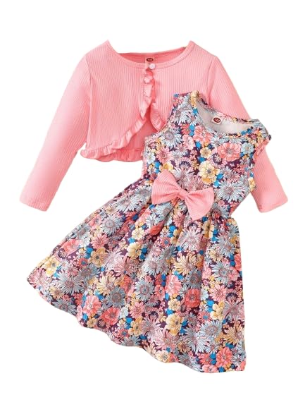 Niren Enterprise Girls Floral Print Fit & Flare Dress with Knit Cardigan, Round Neck, Knee Length, Long Sleeves, Cute Clot...