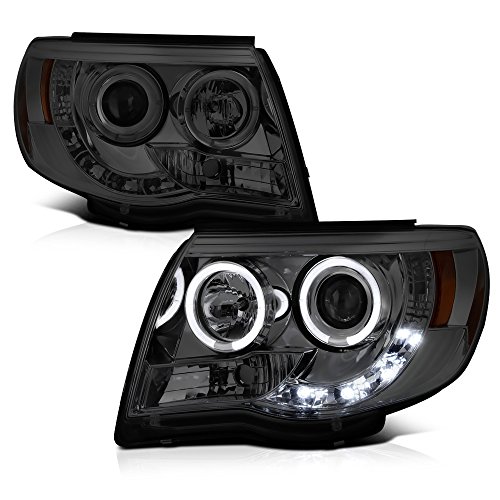 VIPMOTOZ LED Halo Ring Chrome Smoke Projector Headlight Headlamp Assembly For 2005-2011 Toyota Tacoma Pickup Truck, Driver & Passenger Side