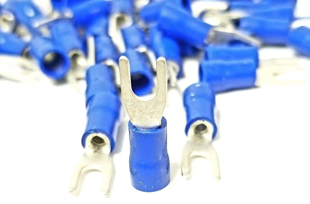 BLUE FORK SPADE TERMINAL 16-14GA #6 VINYL INSULATED CRIMP WIRE CONNECTOR - (100pcs)