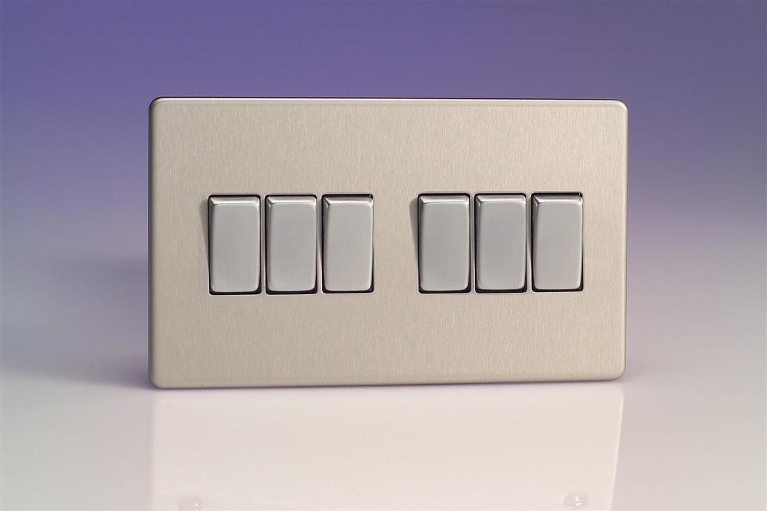 Varilight 6-Gang Rocker Light Switch 2-Way - Screwless Brushed Steel With Brushed Steel Rockers, XDS96S