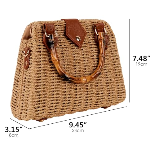 Straw Crossbody Bag, Woven Shoulder Purse with Bamboo Handle, Small Summer Tote with Leather Strap and Magnetic Flap, Casual Travel Handbag for Women (Brown)2