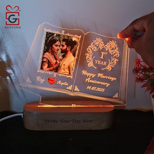Image of Personalized 3D Illusion LED Table Lamp Book Shape Customized Photo Lamp for Couple Gift Anniversary, Wedding, Marriage, Valentine Day- Your Wooden Base Text Egraved, Multicolor Light