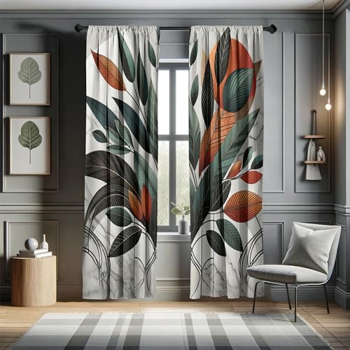 Ambesonne Boho Window Curtains, Mid Century Modern Exotics Leaves and Roundy Line Details Art Minimalist, Lightweight Decorative 2-Panel Set & Rod Pocket, Pair of - 28