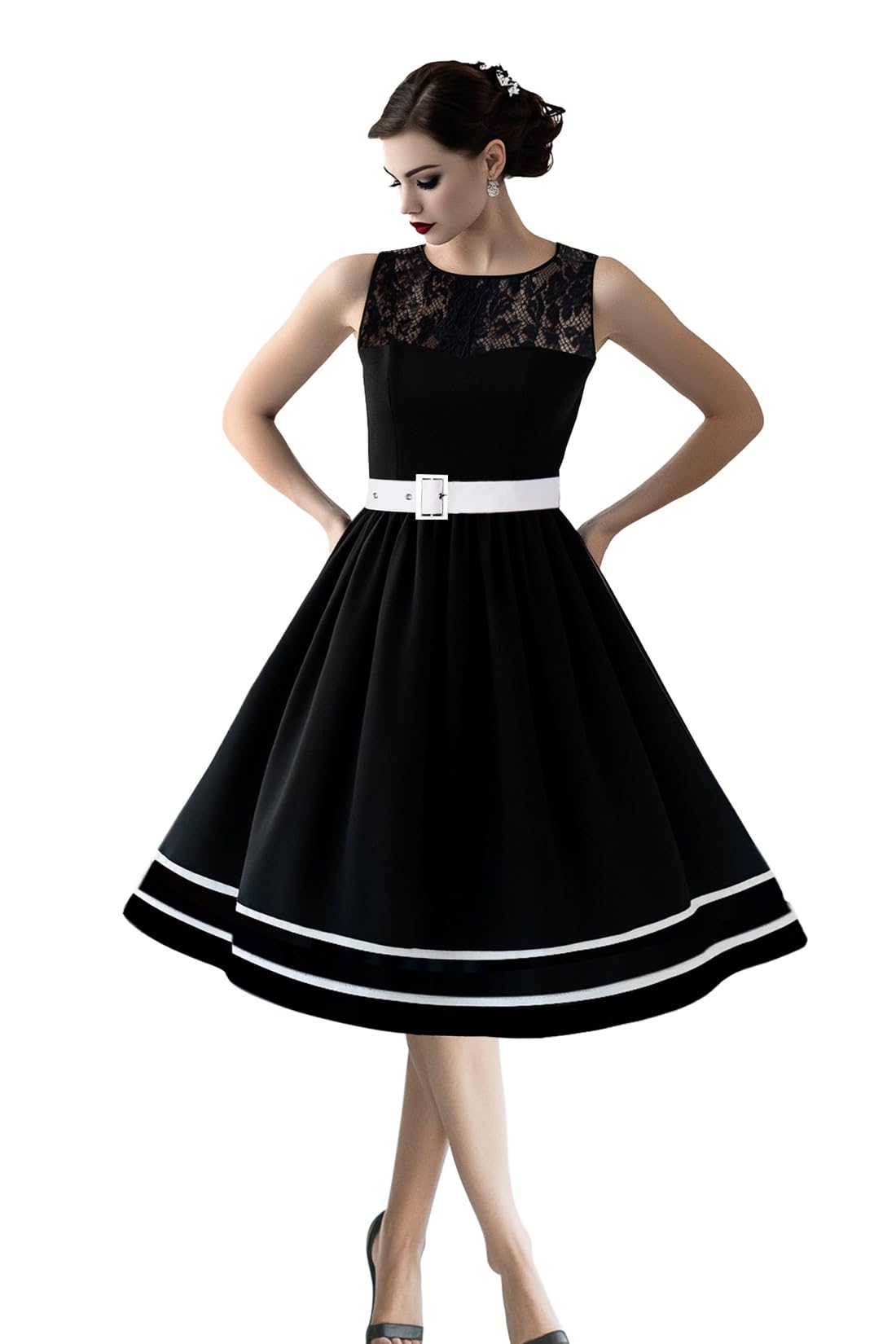 AXOE Donna Abito Vintage Anni '50 Taglio A-Line Cintura Removibile per Matrimoni Cocktail e Quotidiano Nero Bianco, Taglia 44 (EU 40), M