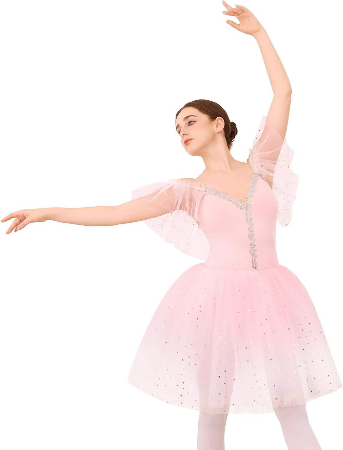 ODASDO Women’s Ballet Leotard Dress Swan Lake Performance Costume Embroidered Mesh Tulle Tutu Dance Skirt