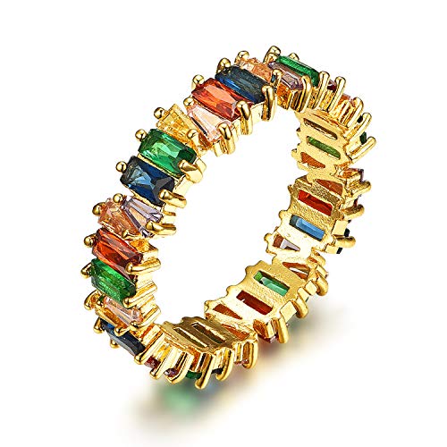 SWEETV Cubic Zirconia Fashion Baguette Rings for Women, Eternity Ring Band Stacking Rings for Engagement Anniversary, Size 7, Rainbow