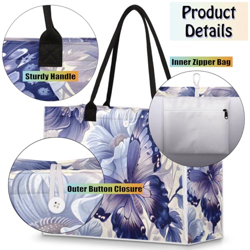 Purple Butterfly Abstract Flower Tote Bag for Women Large Beach Bag Reusable Tote Bags for Work Travel Beach Shopping4