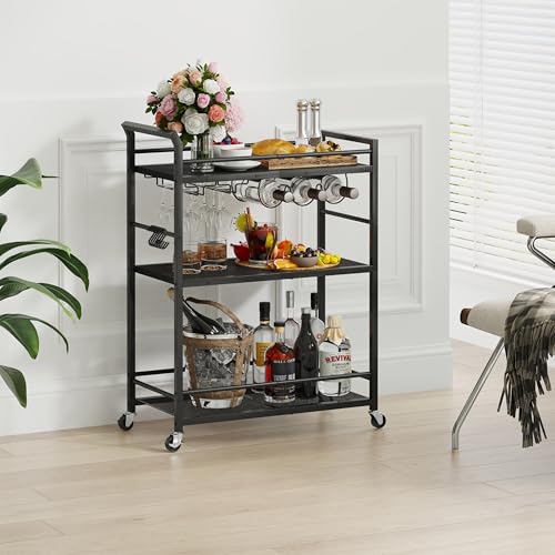 Image of 3 Tier Bar Cart, Small Beverage Cart, Mini Bar Cart with Wine Rack, Home Bar Serving Cart with Wheels for Kitchen Dining Living Room (Black, General) GBC507B