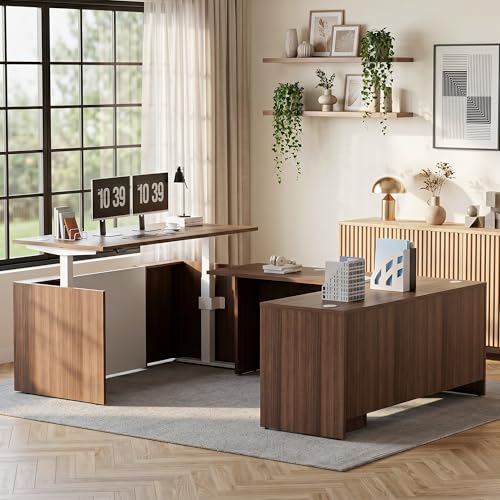 ALFA BUSINESS U-Shaped Executive Office Standing Desk with Pre-Assembled Frame & Lockable File Cabinet, Dual Motor Height Adjustable Electric Sit Stand Desk, Programmable Controller, Walnut/White