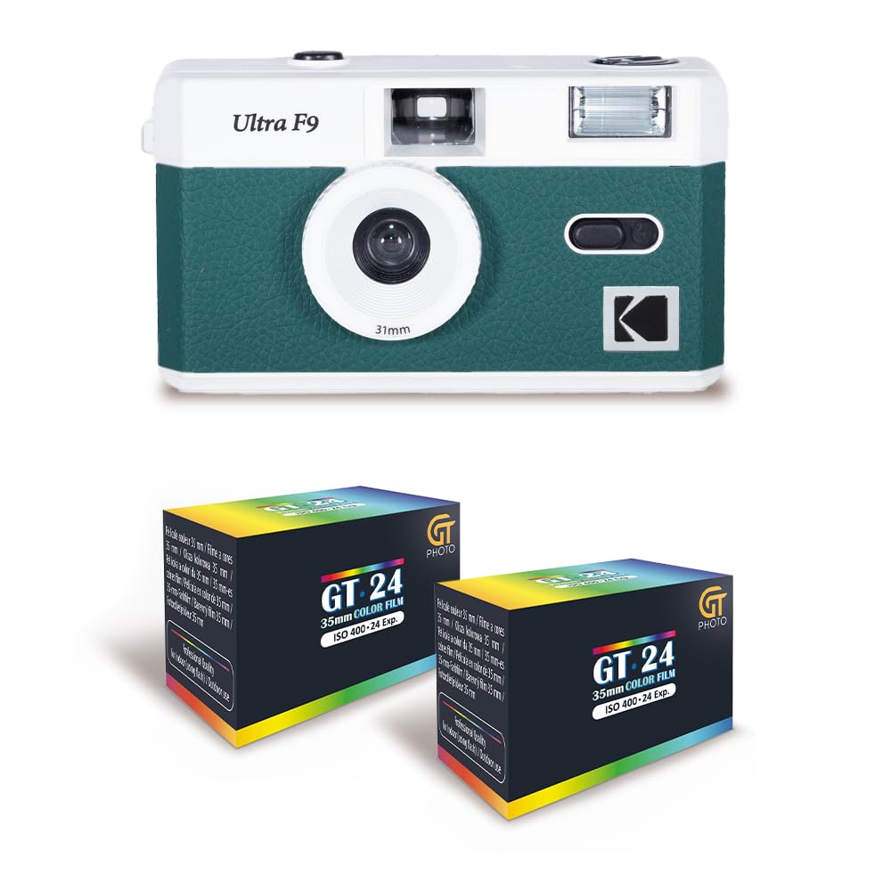 KODAK Ultra F9 - Appareil Photo Argentique Réutilisable 35mm, Objectif Fixe 31mm F/9, Flash Intégré, Chargement Facile, Rembobinage Manuel - Vert Nuit + 2 Pellicules Couleur 24 Expositions