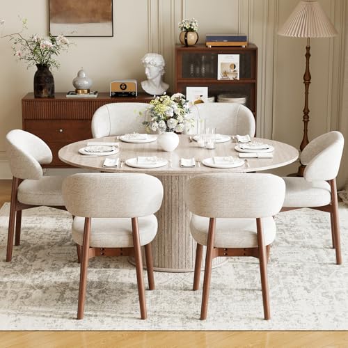 Image of MALOL 47 inch-63 inch Extendable Round to Oval Dining Room Table Chairs Set for 4-8, Modern Wooden Kitchen Table and Chairs with Hidden Storage and Fluted Design for Dining Room /Small Space(White and Beige)