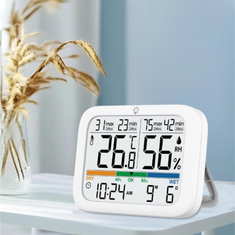 Home Digital Indoor Temperature Humidity Meter with Clock Magnetic Wall Mount for Time Retention