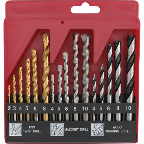 Hi-Spec Juego de Brocas de 16 Piezas en Estuche Compacto de Acero Multiuso. HSS con Revestimiento de Titanio, Brocas de Punto de Centrado para Hormigón, Metal, Madera, Plásticos y Ladrillos