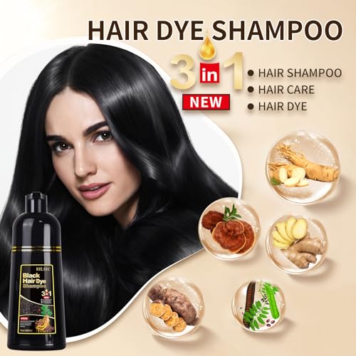 GFEUGS Haarfarbe Haarfärbeshampoo, 500ML Hair Dye Shampoo 3 in 1 Gegen Graue Haare, Hair Color Sofort Haarfarbe Shampoo Tönungsshampoo, Farbshampoo Haartönung für Männer Frauen (Schwarze)