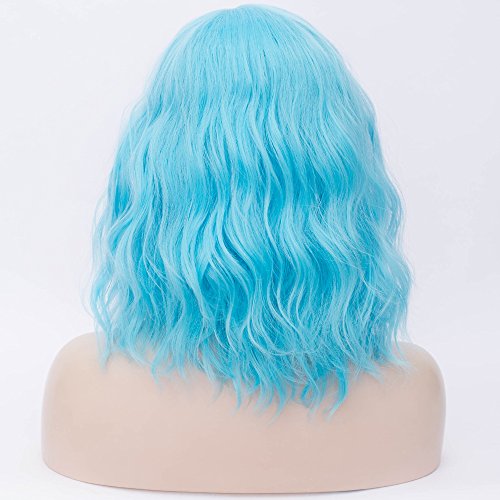 Image of BERON Blue Wigs for Women Short Curly Side Part Wig Girls Shoulder Length Body Wavy Hair Wig Sky Blue Heat Resistant Synthetic Halloween Cosplay Daily Party Wigs
