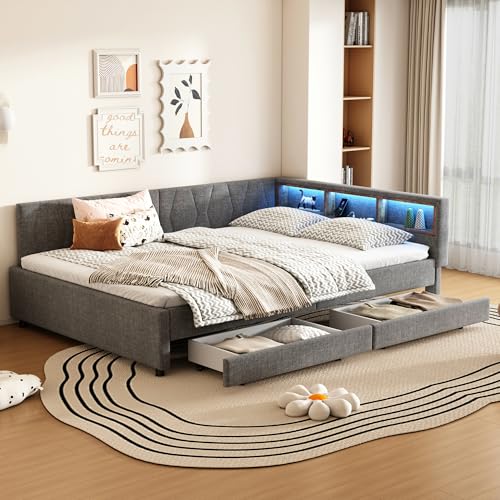Kebnor Cama de día, sofá cama, compartimento de almacenamiento en la cama, USB+tipo C, mando a distancia para luz ambiental LED, con dos cajones, cama con somier (sin colchón), lino (gris, 140 x 200