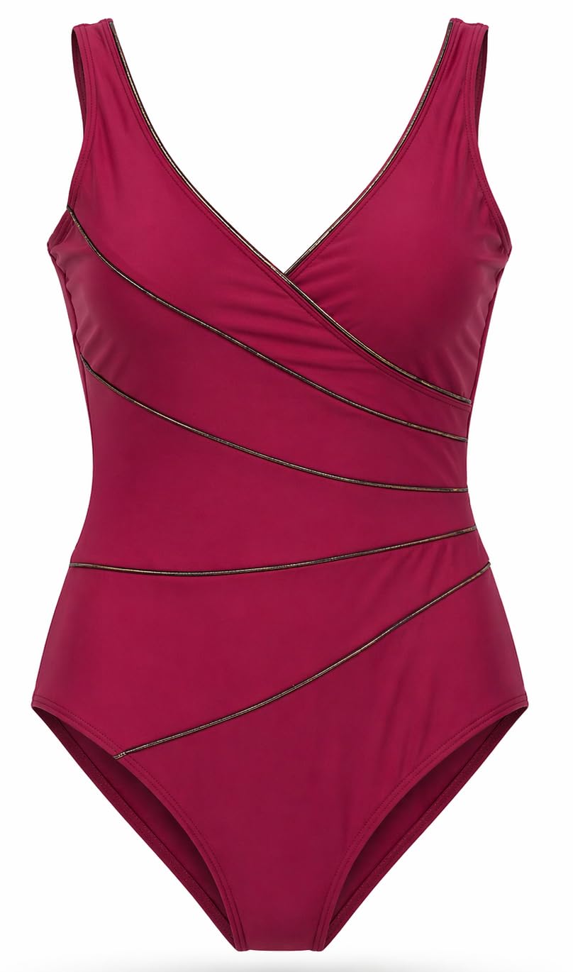 ADMAS Costume Mare Intero Modellante Donna Bordeaux con Profili Dorati 11454