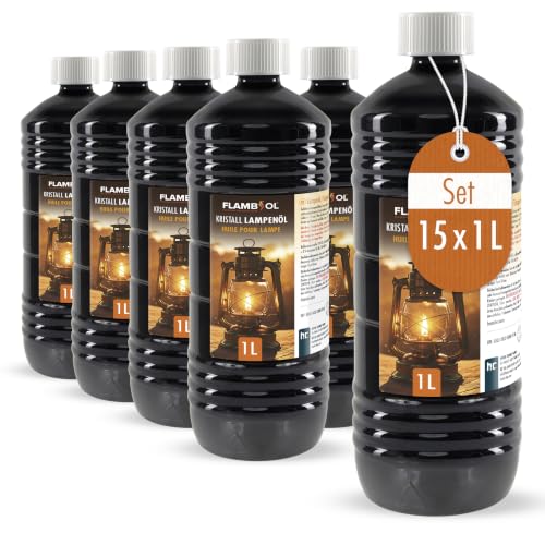 Höfer Chemie 15 x 1 L FLAMBIOL Lampenöl hochrein geeignet für Öl-Lampen Petroleum Lampen Gartenfackeln & Sturmlaternen - Geruchlos Rußfrei & mit Kindersicherheitsverschluß