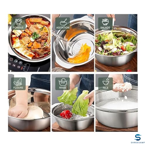 Image of Multipurpose Stainless Steel Bowl Colander Strainer Drainer With Handle For Fruits Rice, Vegetable, Noodles Grains Washing Filter Basket For Kitchen Bowl Storing And Straining Silver, Medium