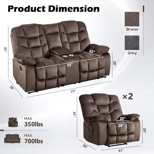 Image of HAOMARKETS 3 Pieces Recliner Sofa Furniture Set, Include 2 Power Recliner Chairs with Message&Heat and a Manual Loveseat with Hidden Storage and Cup Holders for Living Room, Brown
