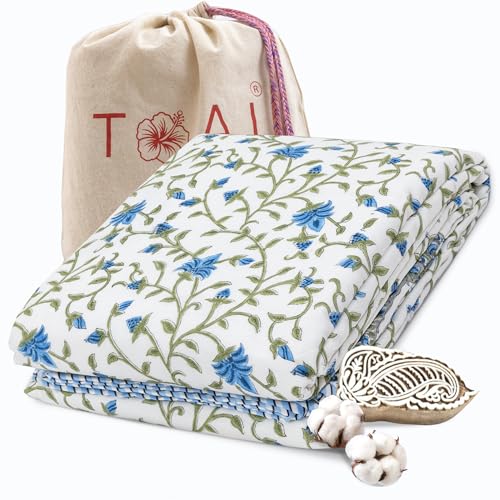 Image of TOAIArt Premium Jaipuri Dohar | AC Blanket Summer Quilt | Hand Block Printed | 3 Layers | Reversible | 150GSM 100% Mulmul Cotton | 100% Cotton Flannel Filling | Single 60 inch X 90 inch |White Blue Florals