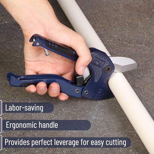 Image of Bates- PVC Pipe Cutter, Cuts up to 1-5 /8 inch, Ratchet Pipe Cutter, PEX Cutting Tool for Cutting PEX, PVC, PPR Plastic Hoses and Plumbing Pipes, Navy Blue