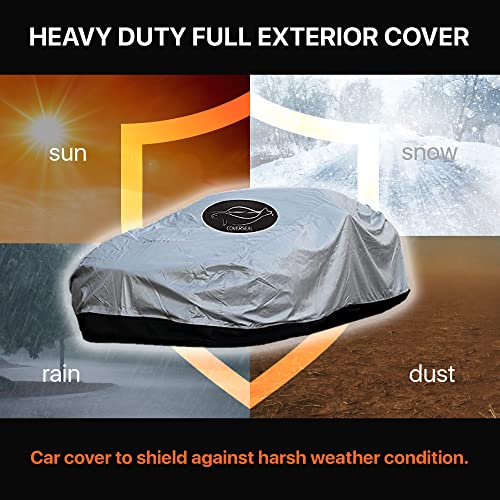 Image of Heavy Duty Outdoor Car Cover with Patented Weighted Ground Conforming Apron Seal - Wind Resistant, Dust, & Water Protection for Automobiles - Mid Size 189 inch L x 75 inch W x 70 inch H Inch Max