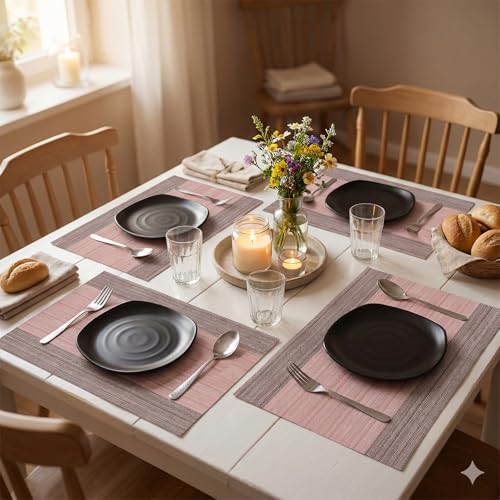 Image of YELONA Placemats Set of 4, Heat-Resistant Woven Vinyl Table Mats, Non-Slip & Washable Dining Tablemats for Kitchen & Dinner Decor, Peach & Brown (45cm x 30cm)