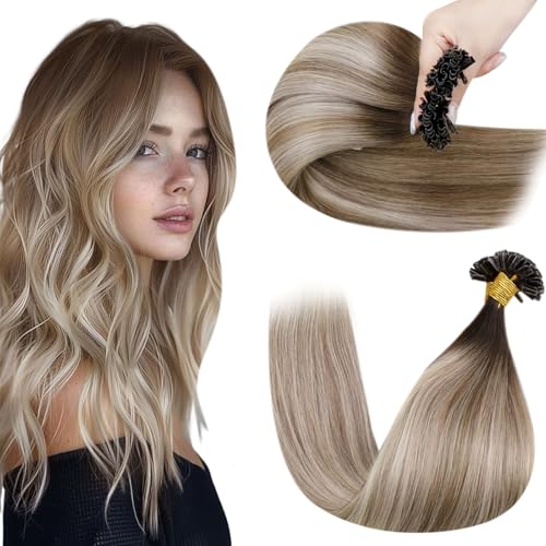 Hetto U Tip Hair Extensions Real Human Hair 22 Inch Balayage Brown Ombre Blonde K Tip Hair Keratin Prebonded Remy Hair for Women 50g 50strands #3/8/22