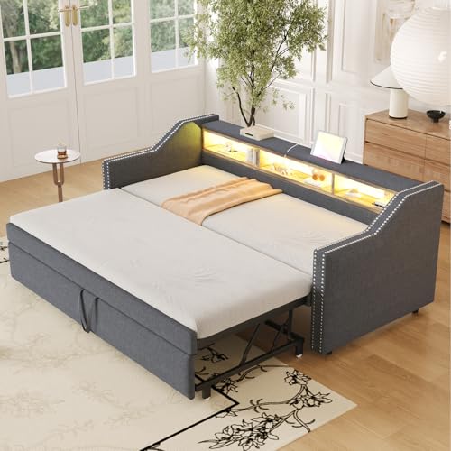 Sofá cama extensible con luz LED y compartimento de almacenamiento multifuncional, sofá cama tapizado con nido extraíble, sofá cama de invitados con dos colchones de muelles