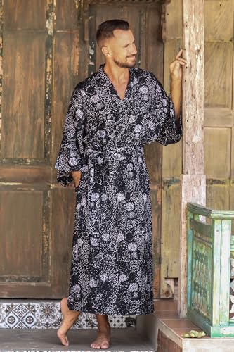 NOVICA Artisan Handmade Men's Rayon Batik Robe Black Patterned Clothing White Indonesia ' Midnight Stars'3