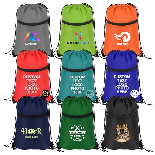 Image of Custom Drawstring Backpacks Bags 100 /200 Pack Personalized Bulk, Customized Draw String Sport Bags with Logo Text, Cinch Tote Backpack for Gym, Sport, Event,Gift, Activity, With Zipper Pocket
