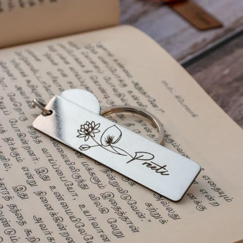 Image of Personalized Engraved Metal Keychains - Custom Name & Initial Key Rings with Floral according to month Design - Unique Gift for Couples, Friends & Loved Ones