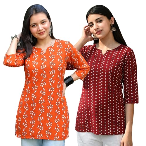 Image of Pinkmint Women's Cotton Blend Printed Short Kurti, Hip-Length Ethnic Tunic for Women, 3 /4 Sleeve Notch Neck, Casual, Office (Available in Plus Sizes & Combo Pack 2)