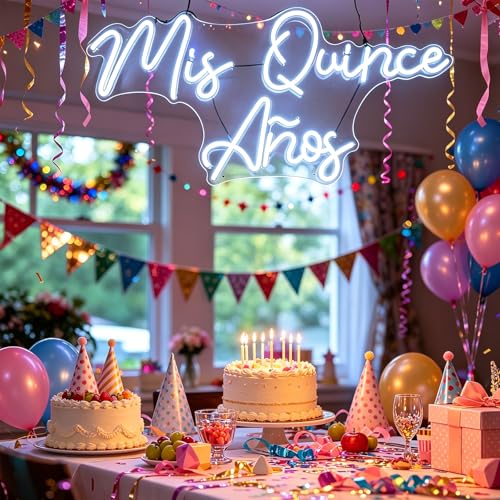 Image of Mis Quince Anos Neon Sign 19.5inch Custom Dimmable White LED Neon Light Sign - Personalized inchMis Quince Anos inch Birthday Wall Art, Home & Party Decor, Unique Gift for Girls