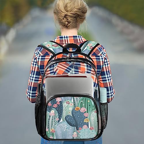 Tropical Cactus Pattern Theme Clear Backpack, Clear Backpack Stadium Approved, PVC Backpack, Clear Backpacks for Adults, Clear Backpack Heavy Duty, Clear Bag, for Work Security Travel College3