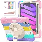 SIBEITU iPad Mini 6 Case 2021 for Kids Girls | iPad Mini 6th Generation Case 8.3 inch with Pencil Holder | Heavy Duty Kids Proof iPad Mini 6 Cover W/ Stand Hand&Shoulder Strap for Drawing Rainbow Pink