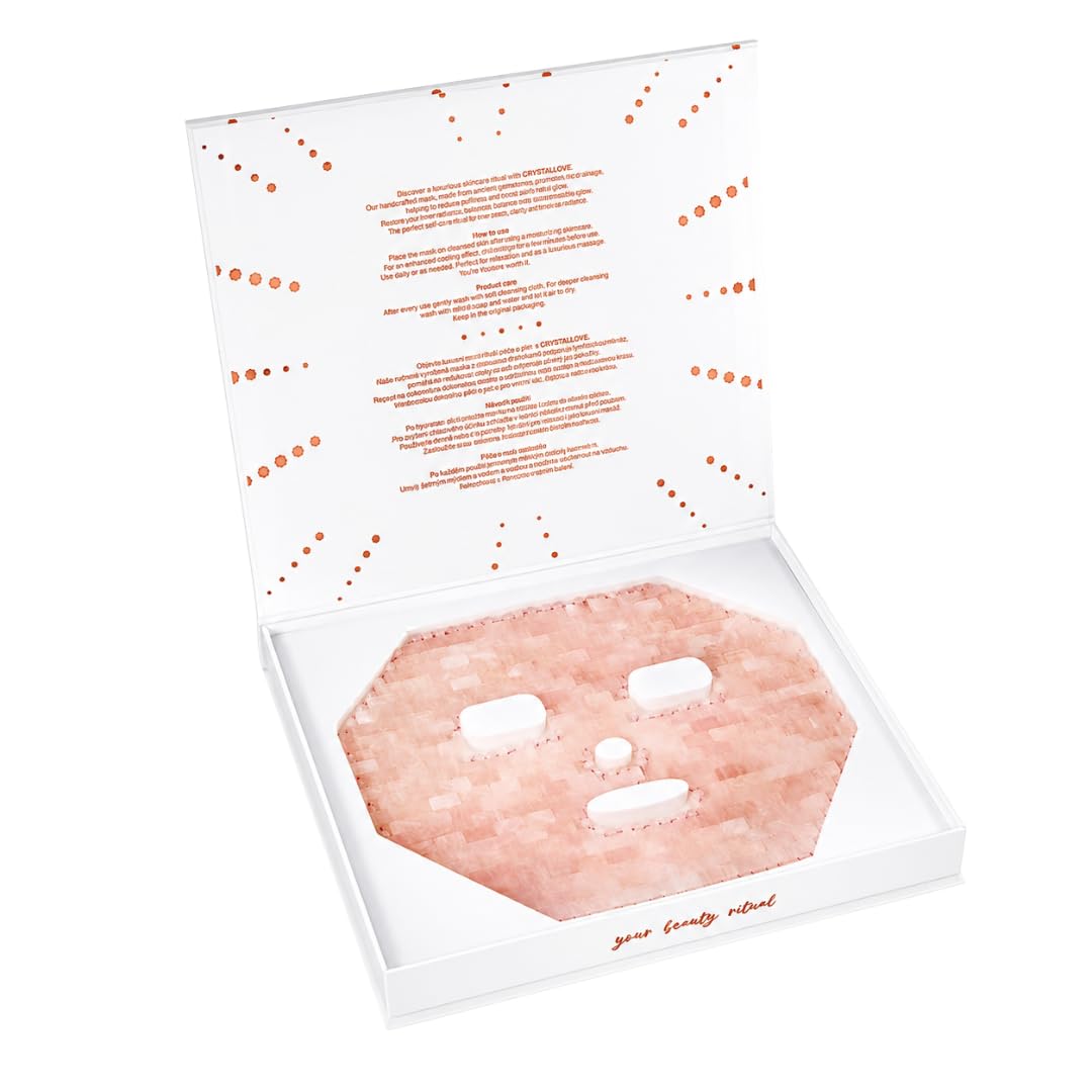 CRYSTALLOVE Rosenquarz Gesichtsmaske – Luxus Gesicht Maske aus Naturstein – kühlende Face Mask gegen Schwellungen & Augenringe – Anti Aging Massage Maske für Glow & Entspannung