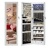 SONGMICS Specchio Portagioie con 6 Luci a LED, Alto 120 cm, Armadietto Portagioie da Parete o Porta con Chiusura e Specchio, 2 Cassetti, 10 x 37 x 120 cm, San Valentino, Bianco e Nero JBC93W